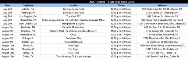 2026 Traveling Cigar Roadshow Schedule